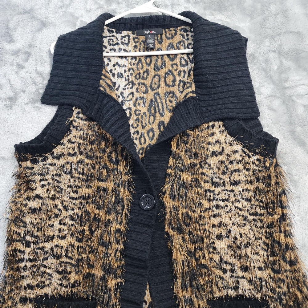 Style&Co Sweater Vest Womens L Brown Black Animal Print Fuzzy Knit Shawl Collar - Picture 2 of 8